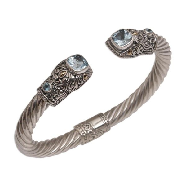 Alternate image for Blue Topaz and Sterling Silver Cuff with Gold Accents Dazzling Crest