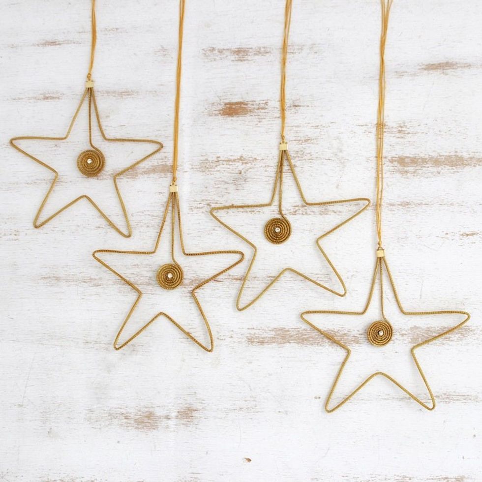 Golden Grass and Rhinestone Star Ornaments Set of 4 'Golden Stars'