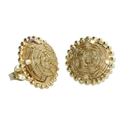 Alternate image for 18k Gold-Plated Button Earrings Made from Golden Grass Golden Spirit