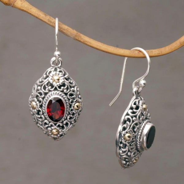 Alternate image for Gold Accent Garnet Floral Dangle Earrings from Bali Floral Dew