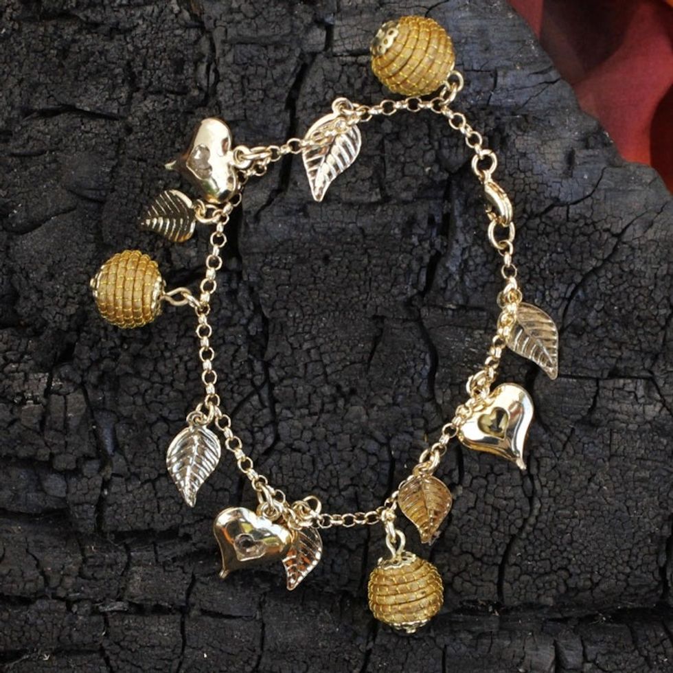 Heart Leaf Beehive Charms on Gold Plated Brazilian Bracelet 'Natural Friend'