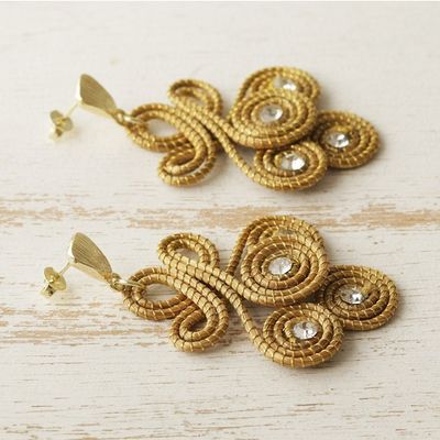 Alternate image for Brazilian Golden Grass and Rhinestone Curlicue Earrings Golden Curls