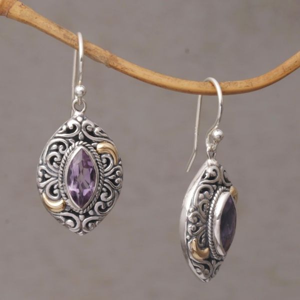 Alternate image for Gold Accent Amethyst Swirl Motif Dangle Earrings from Bali Defiant Beauty