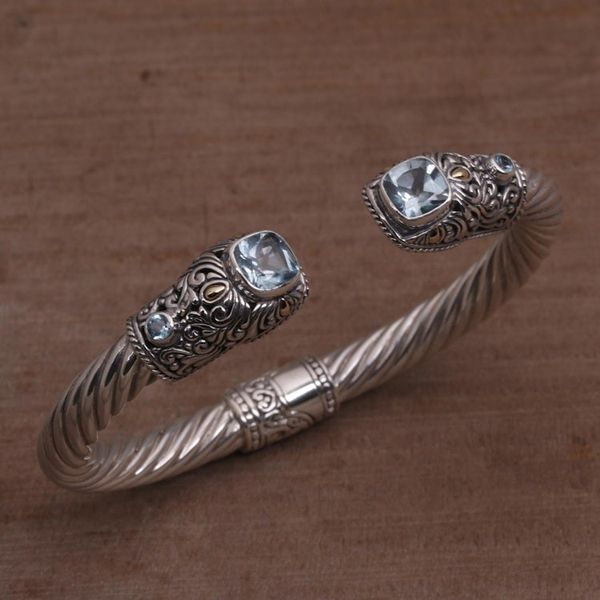 Alternate image for Blue Topaz and Sterling Silver Cuff with Gold Accents Dazzling Crest