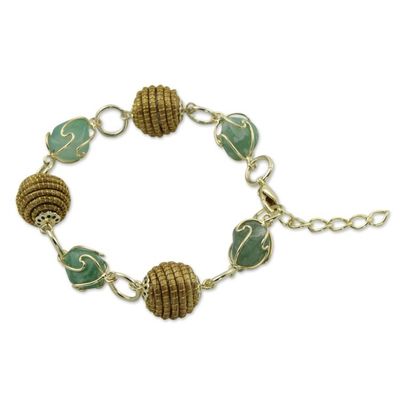 Alternate image for Hand Crafted Green Agate and Golden Grass Link Bracelet All Aglow in Green