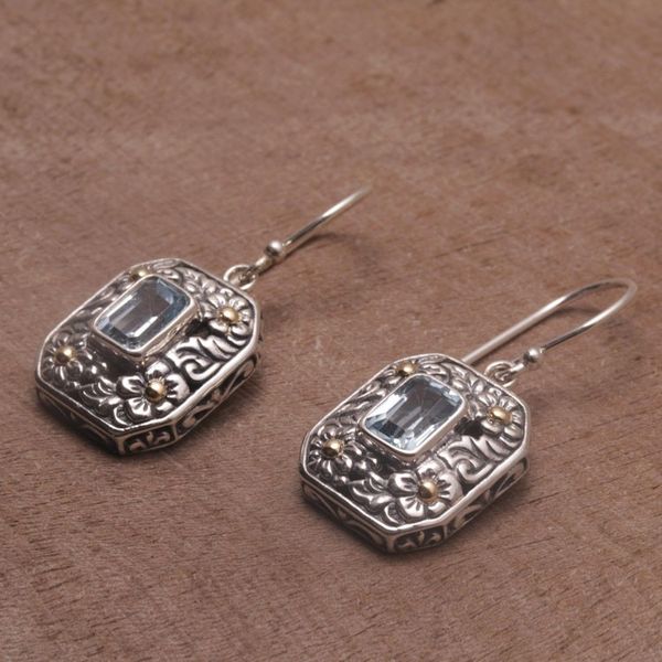 Alternate image for Gold Accent Floral Blue Topaz Dangle Earrings from Bali Daisy Queen