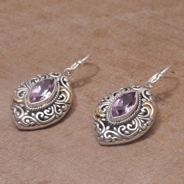 Alternate image for Gold Accent Amethyst Swirl Motif Dangle Earrings from Bali Defiant Beauty