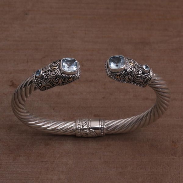 Alternate image for Blue Topaz and Sterling Silver Cuff with Gold Accents Dazzling Crest