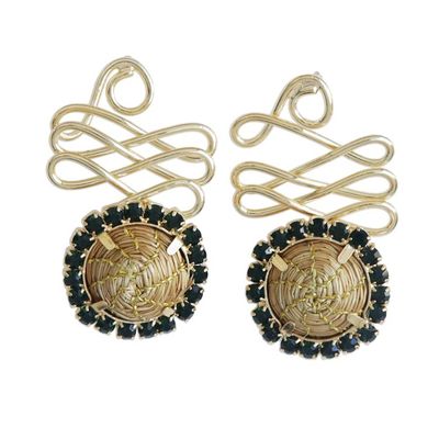 Alternate image for Gold Plated Golden Grass Earrings with Black Glass Beads Winding Journey in Black