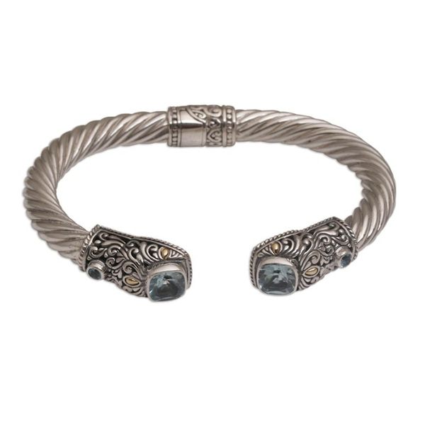 Alternate image for Blue Topaz and Sterling Silver Cuff with Gold Accents Dazzling Crest