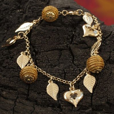 Alternate image for Heart Leaf Beehive Charms on Gold Plated Brazilian Bracelet Natural Friend