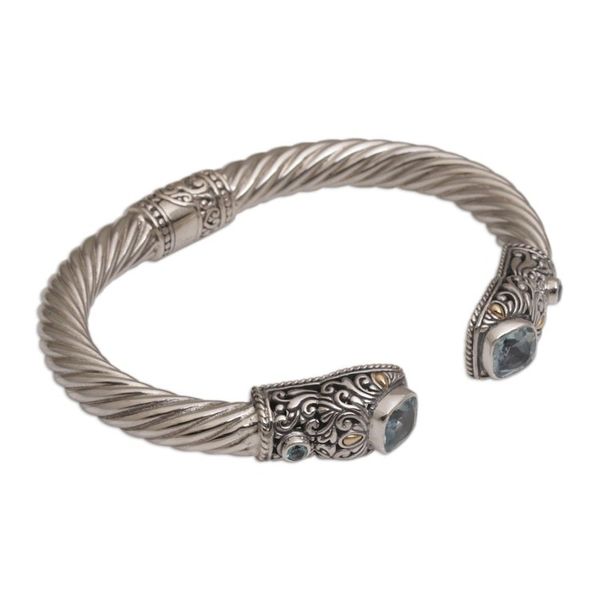 Alternate image for Blue Topaz and Sterling Silver Cuff with Gold Accents Dazzling Crest