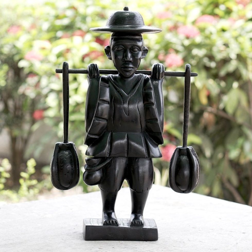 Handmade Hand Painted Water Carrier Wood Sculpture 'Bearing Water'