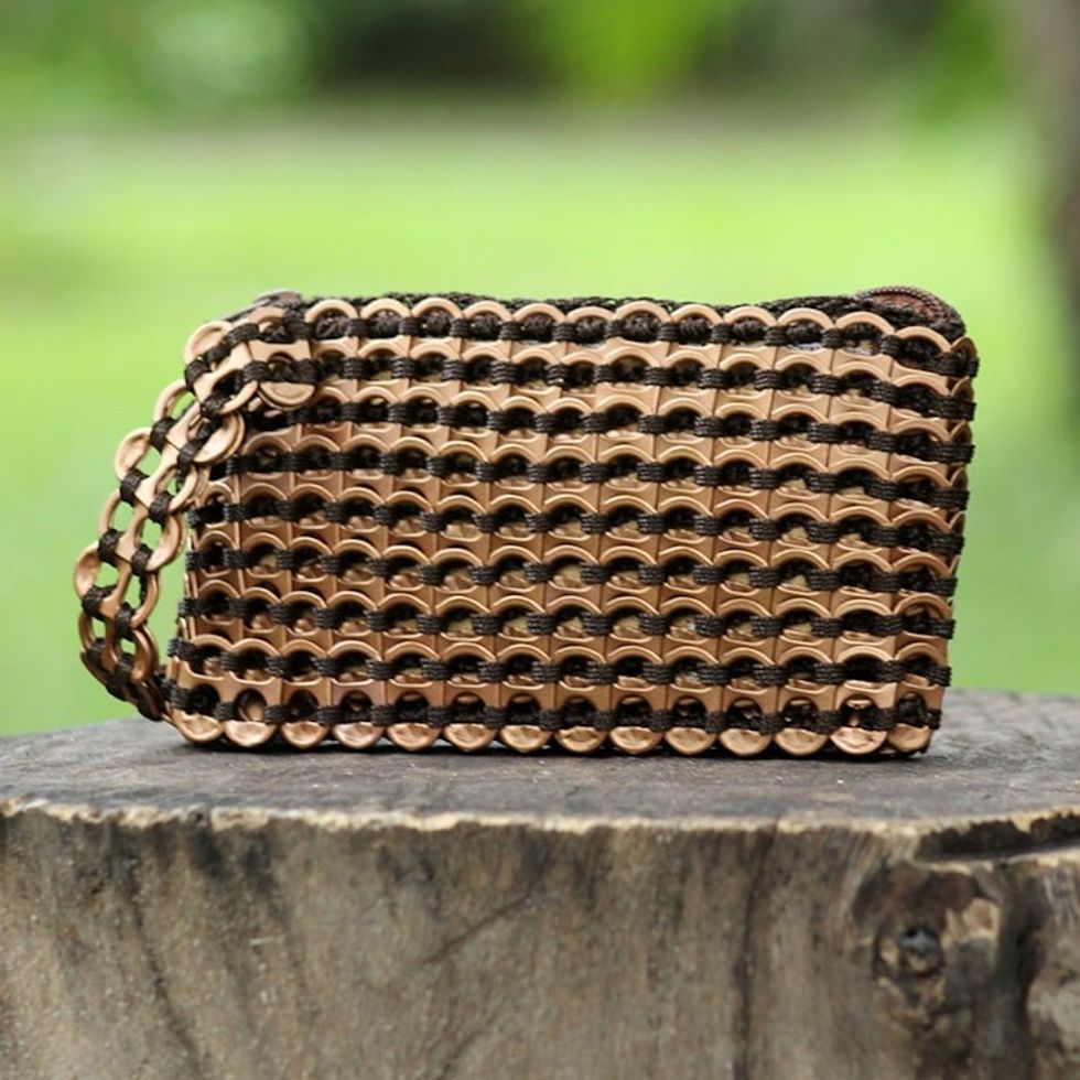 Hand Loomed Aluminum Wristlet from Brazil 'Bronze Hope and Change'