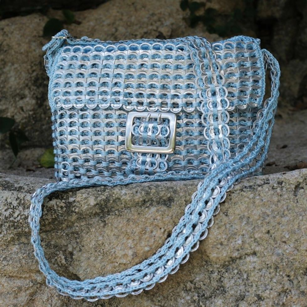 Handcrafted Recycled Aluminum Flap Handbag 'Silver Blue Success'