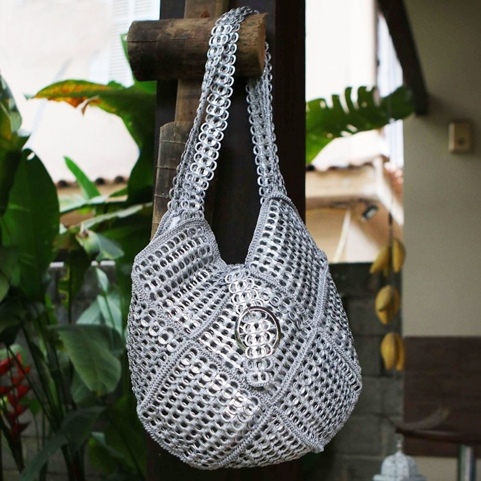 Recycled Pop-top Shoulder Bag 'Silvery Patchwork' Brazil 'Silvery Patchwork'
