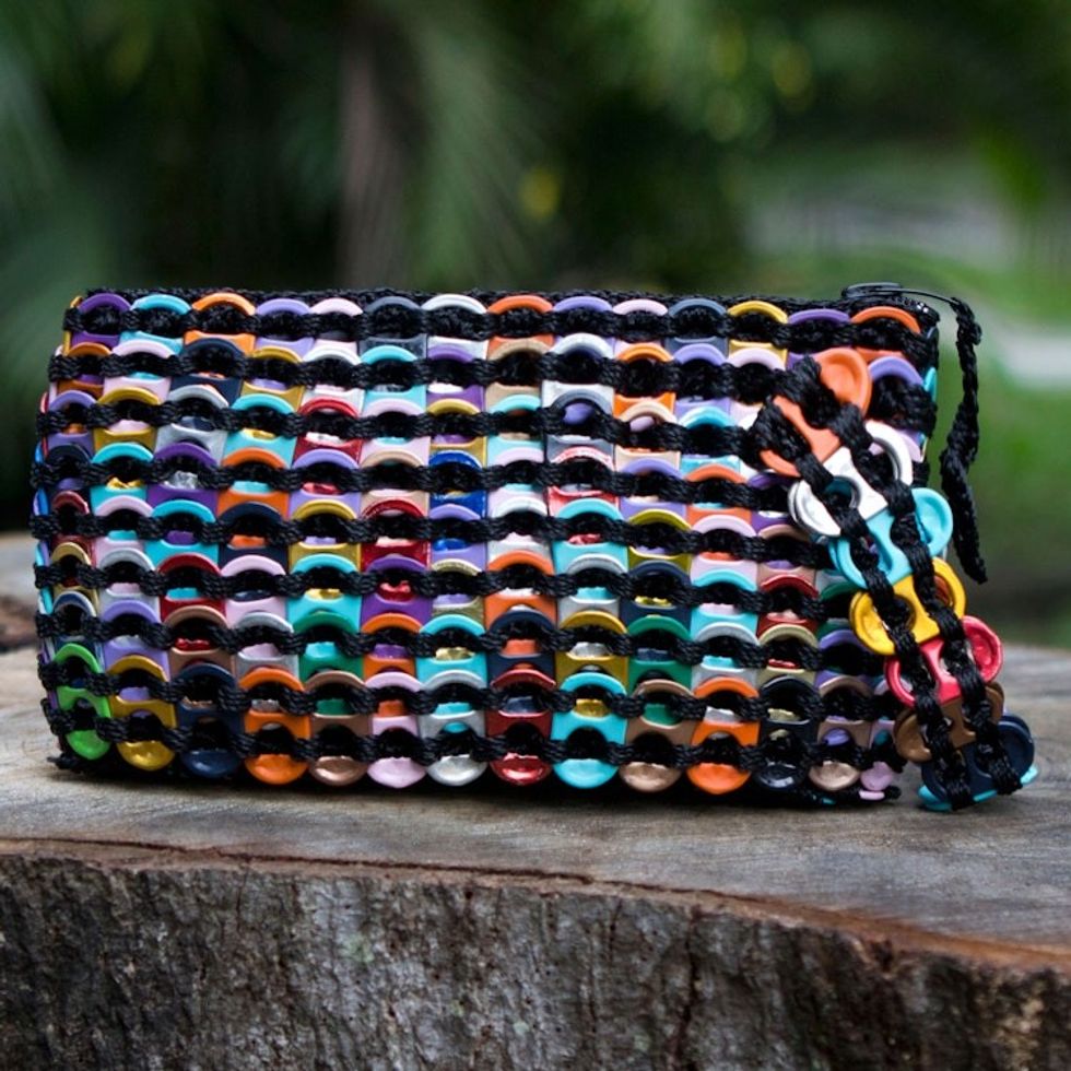 Hand Crocheted Recycled Soda Pop-top Wristlet Bag 'Rainbow Night Eco Chic'