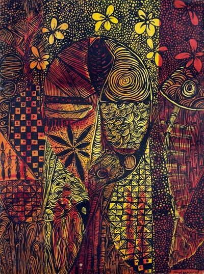 Alternate image for Expressionist Painting of a Woman with Intricate Motifs Night Romance