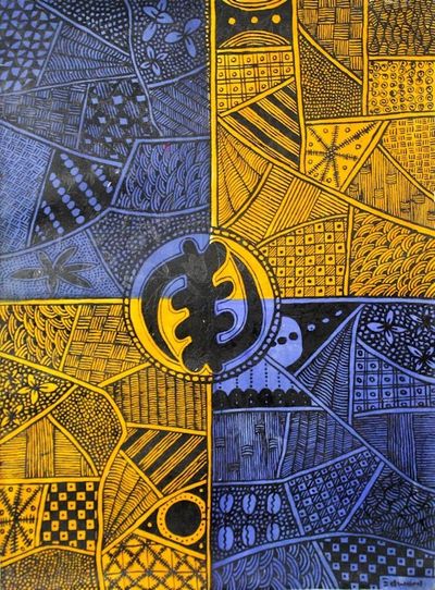 Alternate image for Signed Blue and Yellow Folk Art Painting from Ghana Symbol of Authority