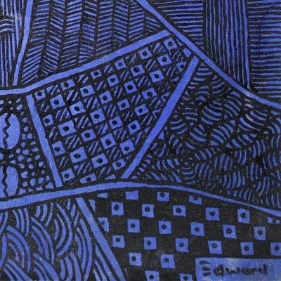 Alternate image for Signed Blue and Yellow Folk Art Painting from Ghana Symbol of Authority