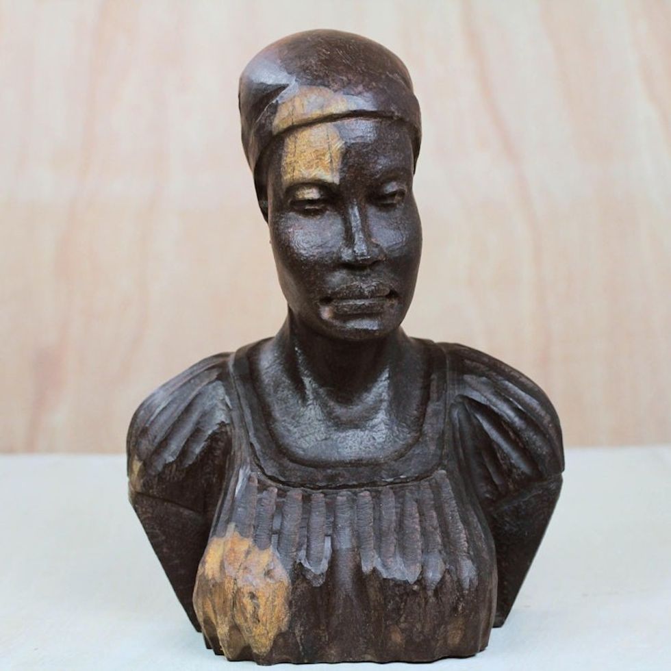 Signed Ebony Wood Sculpture of a Native Woman from Ghana 'Bust of a Native Woman I'