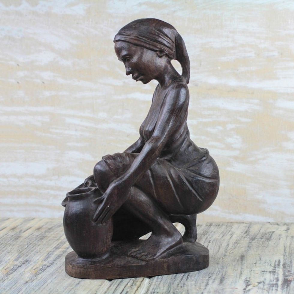 Signed Ebony Wood Sculpture of a Woman Collecting Water 'Collecting Water'