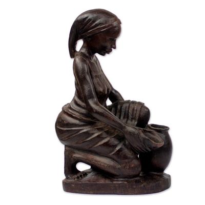 Alternate image for Signed Ebony Wood Sculpture of a Woman Collecting Water Collecting Water