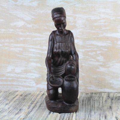 Alternate image for Signed Ebony Wood Sculpture of a Woman Collecting Water Collecting Water