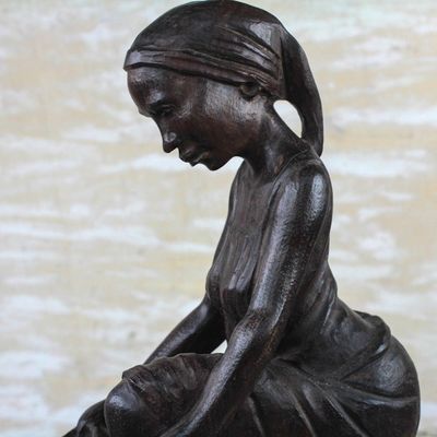 Alternate image for Signed Ebony Wood Sculpture of a Woman Collecting Water Collecting Water