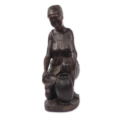 Alternate image for Signed Ebony Wood Sculpture of a Woman Collecting Water Collecting Water