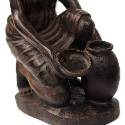 Alternate image for Signed Ebony Wood Sculpture of a Woman Collecting Water Collecting Water