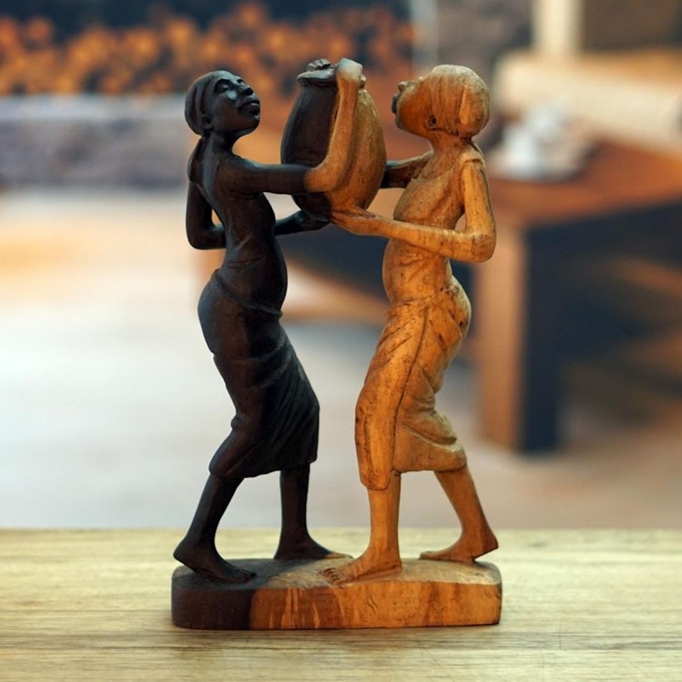 Hand-Carved Ebony Wood Peace-Themed Sculpture 'Wake-Up Call For Peace'