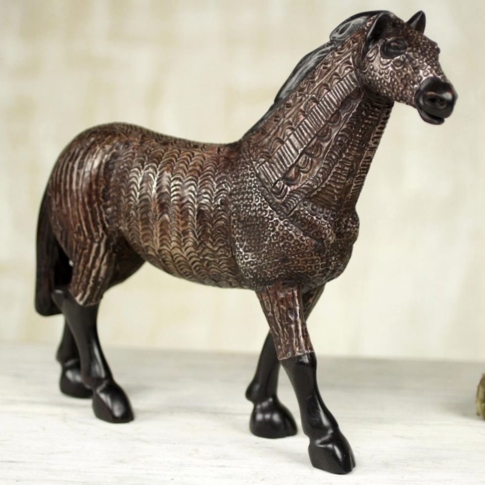 Wood Horse African Statue Hand Carved by Ghana Artisan 'Ponko'