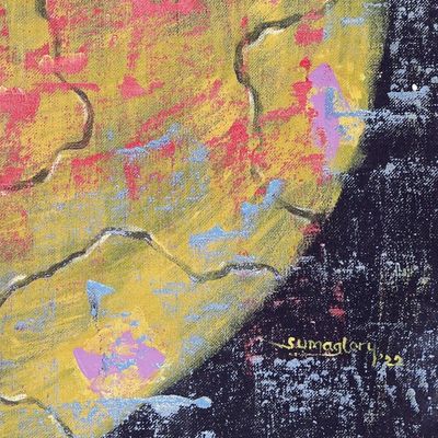 Alternate image for Signed Unstretched Vibrant Abstract Painting from Ghana The Story Behind II