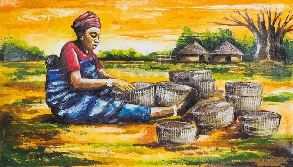 Signed Expressionist Painting of a Basket Weaver from Ghana 'Basket Weaver'