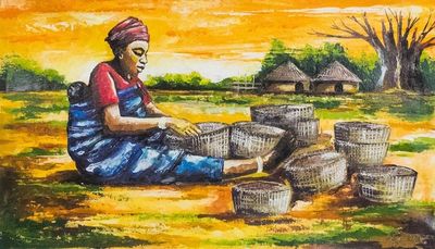Alternate image for Signed Expressionist Painting of a Basket Weaver from Ghana Basket Weaver