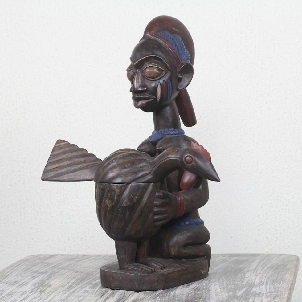 African Wood Sculpture Woman with Hen Pot 'Yoruba Fowl Pot'