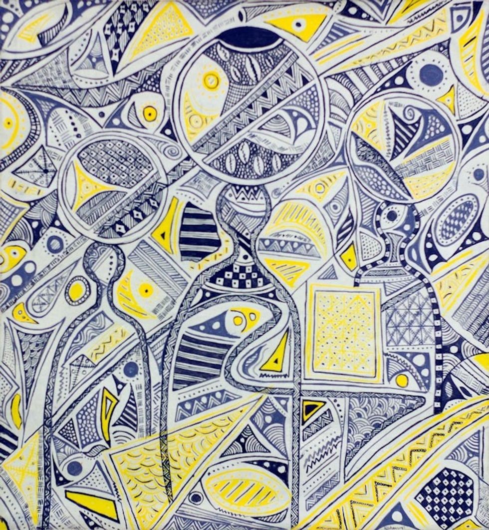 Blue White and Yellow Abstract Painting from Ghana 2019 'Cultural Ceremony'