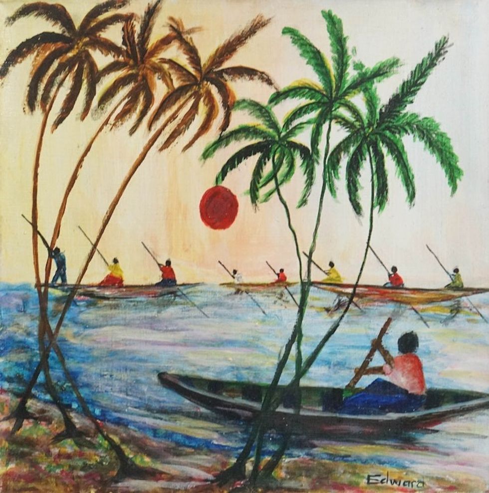 Unstretched Impressionist Acrylic Painting of Fishermen 'Fishing Race'