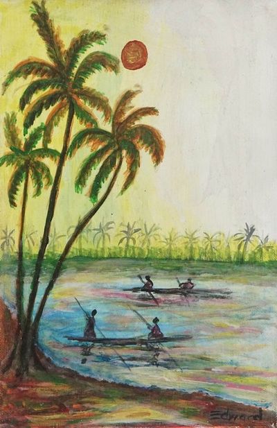 Alternate image for Unstretched Impressionist Acrylic Painting of River Cruising by Canoe