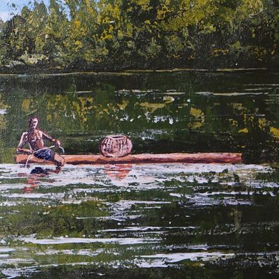 Alternate image for Acrylic on Canvas Impressionist Style Painting of Fisherman Akosombo Fisherman