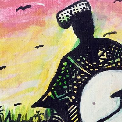 Alternate image for Unstretched Expressionist Acrylic Painting of Drummer Cultural Display with Drum