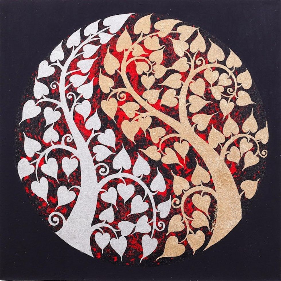 Gold Silver Traditional Thai Art Painting on Red 'Ying Yang Bodhi'