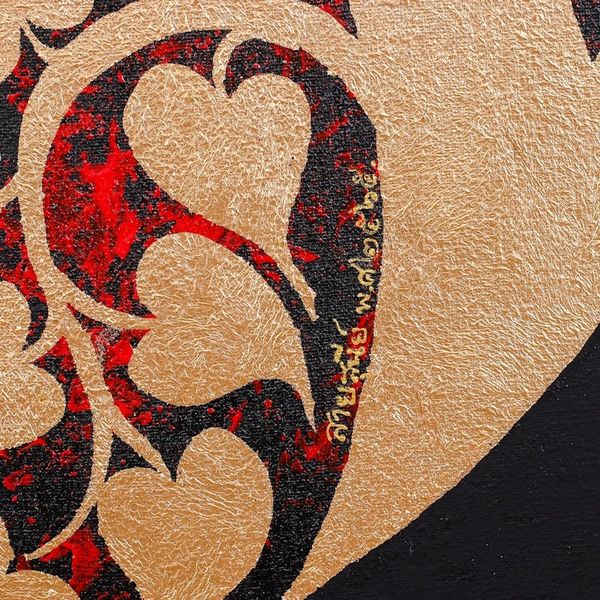Alternate image for Gold  Silver Traditional Thai Art Painting on Red Ying Yang Bodhi