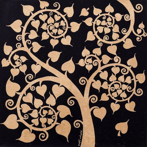 Alternate image for Traditional Art Gold on Black Buddhism Painting Thailand Golden Bodhi Purity