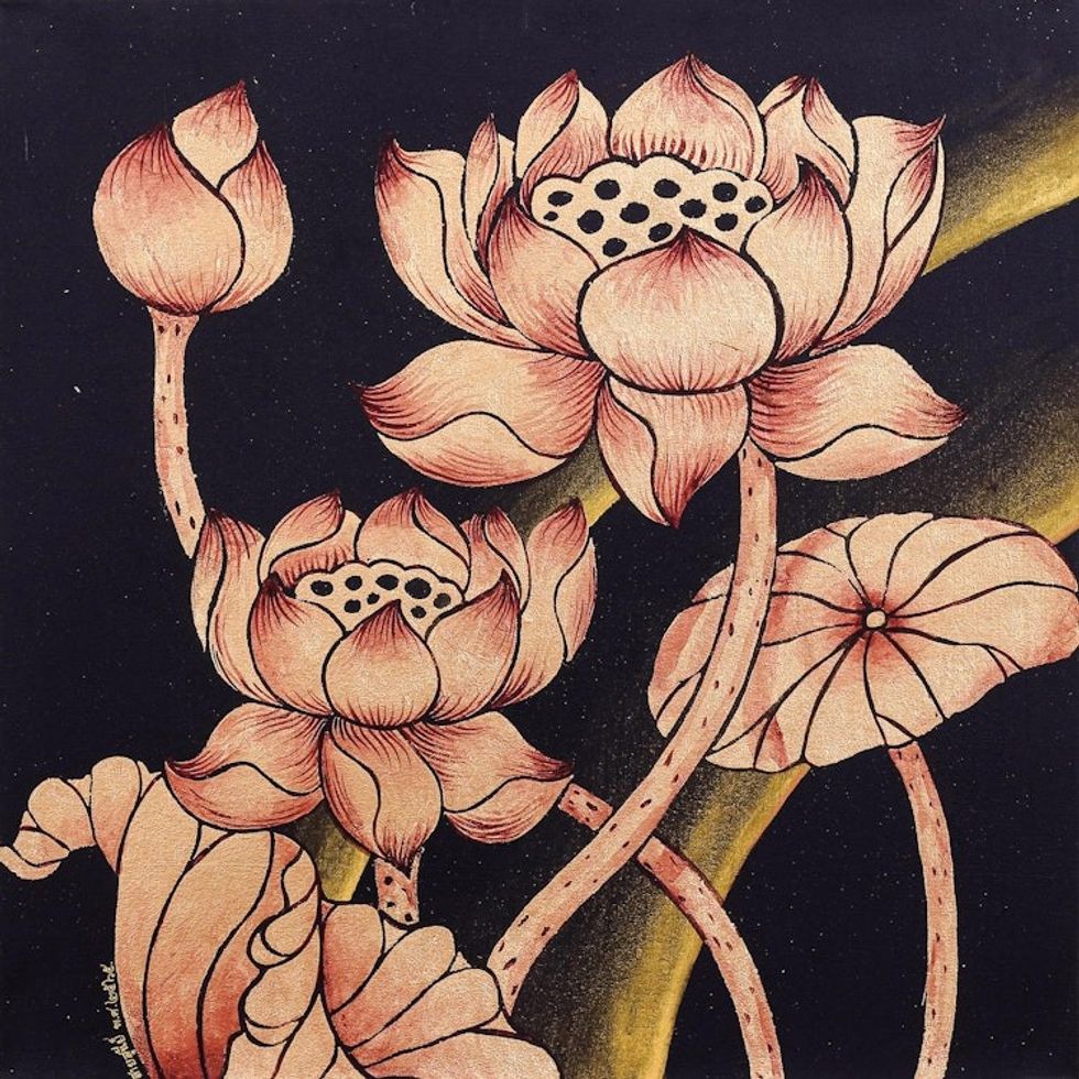 Signed Folk Art Painting of Thai Golden Lotus Blossoms 'Peaceful Lotus III'