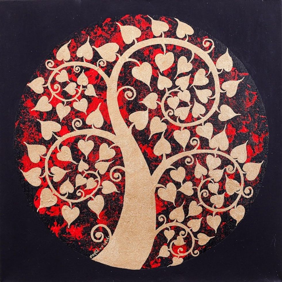Traditional Thai Art Golden Tree on Black and Red Painting 'Red Bodhi Spirals'