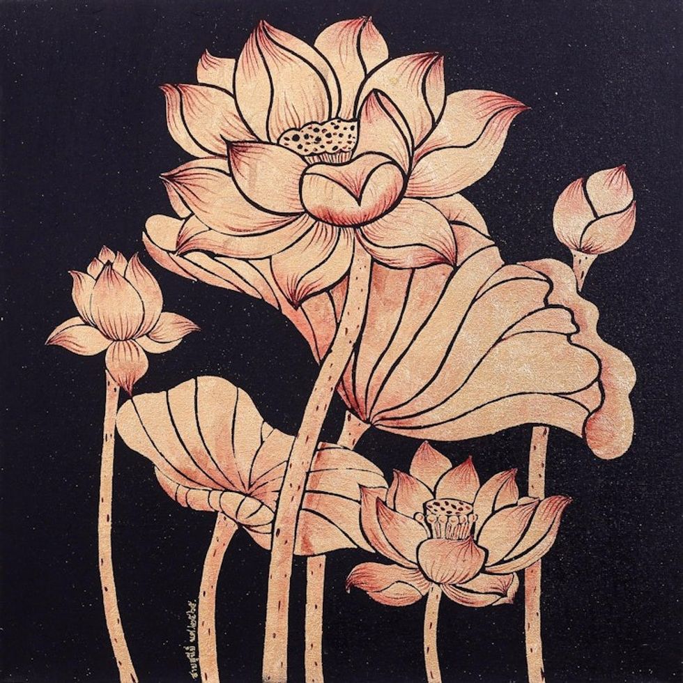 Nature Study Painting of Gilded Thai Lotus Blossoms 'Peaceful Lotus II'