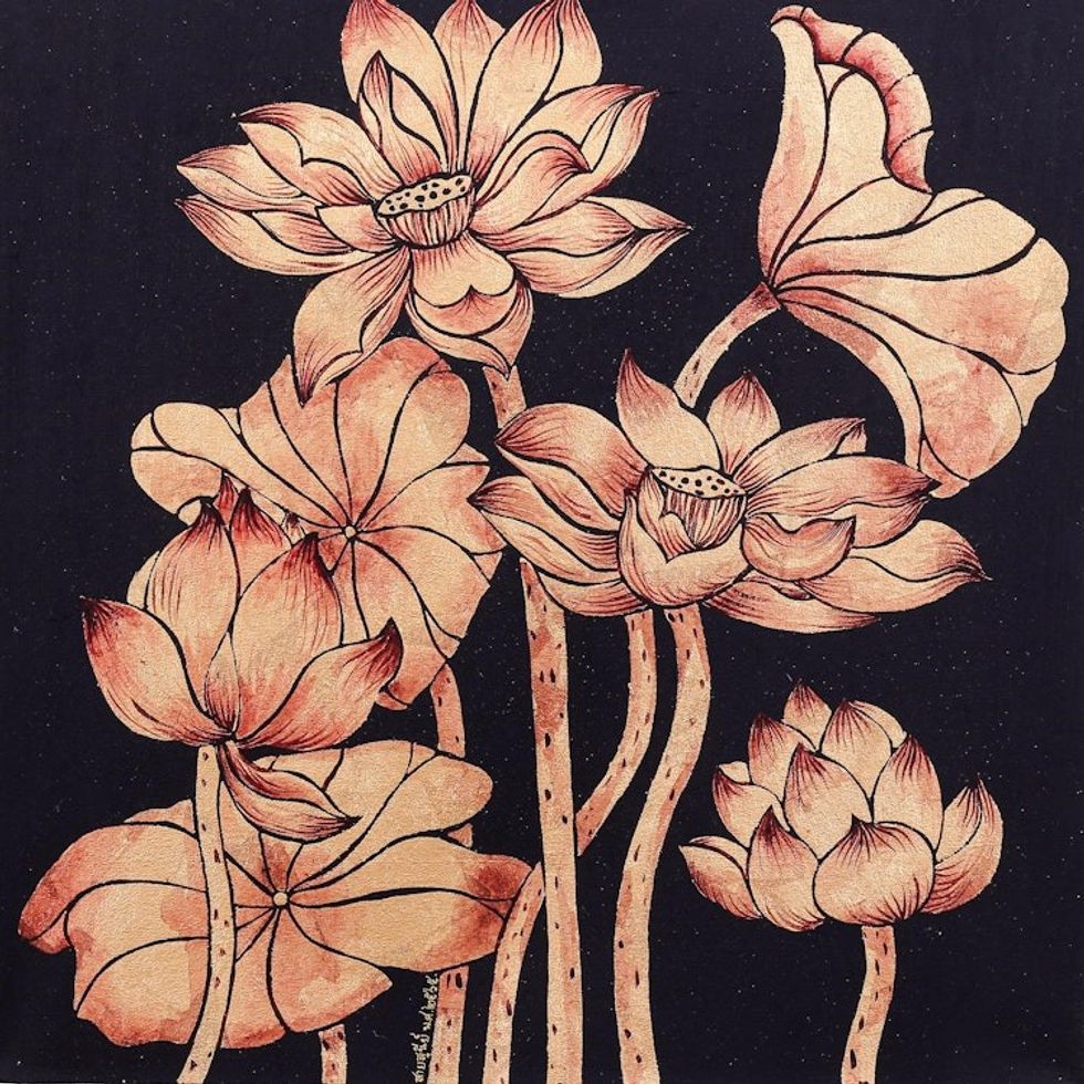 Golden Nature Study Painting of Thai Lotus Blossoms 'Peaceful Lotus I'