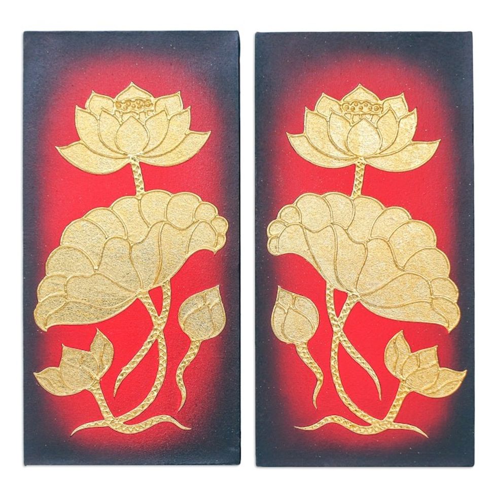 Acrylic and Foil Thai Folk Art Diptych with Lotus Motif 'Lotus Leaf'